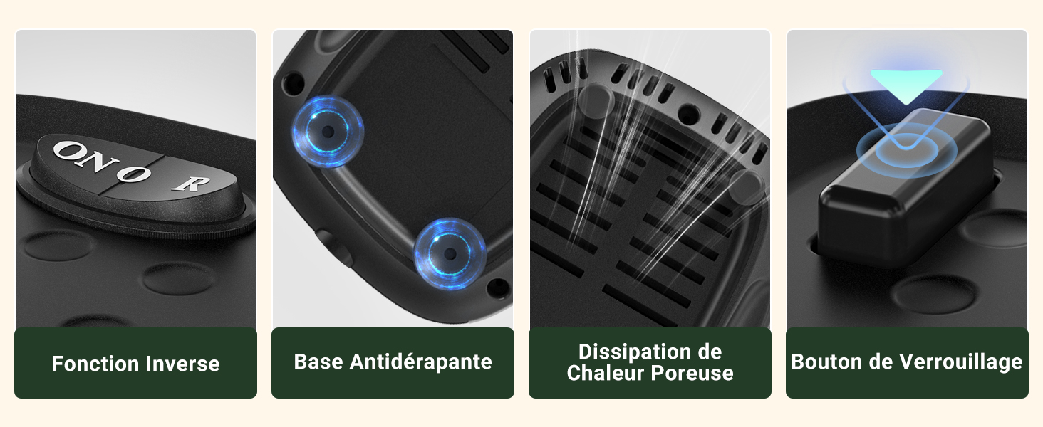 Quatre images caractéristiques du produit : « Fonction inverse », « Base antidérapante », « Dissipation de chaleur poreuse » et « Bouton de verrouillage ». Chaque panneau présente un composant ou une fonction différent.