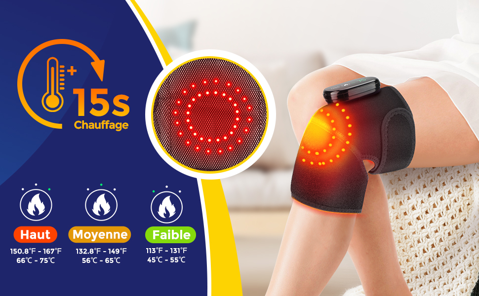 avec lumières LED rouges. Dispose de 15 secondes de chauffage et de trois réglages de température : haut, moyen et bas. Zone de chauffage circulaire indiquée sur le genou.