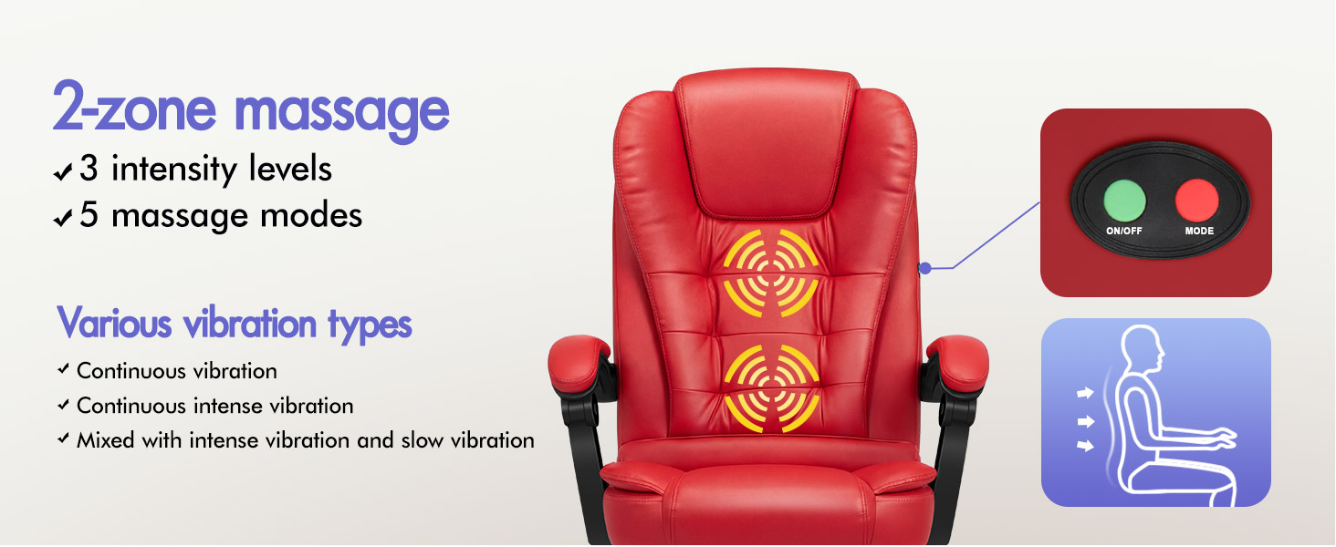 Text reads '2-zone massage', '3 intensity levels', '3 massage modes', 'Various vibration types', 'Continuous vibration', 'Kneading-Intensive vibration', 'Heat and Intensive vibration', 'Heat and Intensive vibration'. Red massage chair with control pad displaying heat and vibration zones, specifications for therapeutic functionality.