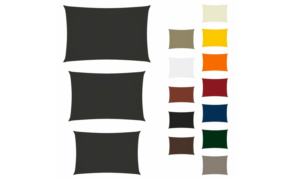 Plusieurs échantillons de tissu rectangulaires de différentes couleurs. Trois grands rectangles noirs à gauche, des carrés plus petits dans des tons tels que le blanc, le jaune, l'orange, le bleu et le vert à droite