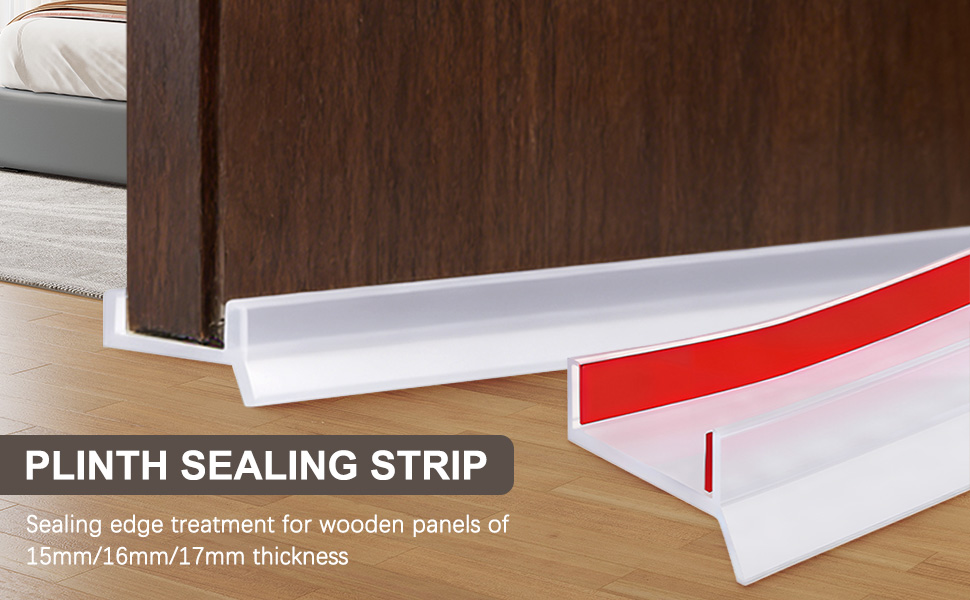 Text reads 'PLINTH SEALING STRIP'. White adhesive weatherstripping or sealing strip shown in close-up against dark wood surface.