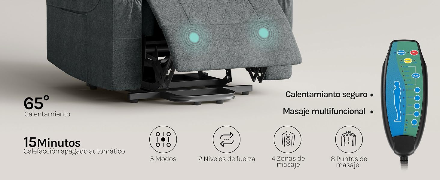 Maleta rodante gris oscuro con luces LED. Las características incluyen una capacidad de 65 litros, un tiempo de carga de 15 minutos, ruedas de 360° y un puerto de carga USB