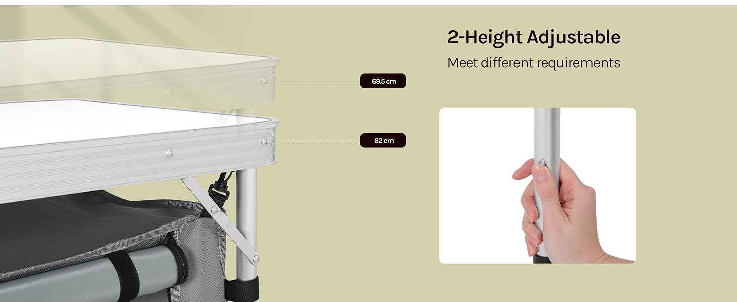 Text reads '2-Height Adjustable'.
[SENTENCE 17] Demonstration images showing the adjustable height feature of a black laptop stand or desk riser.
