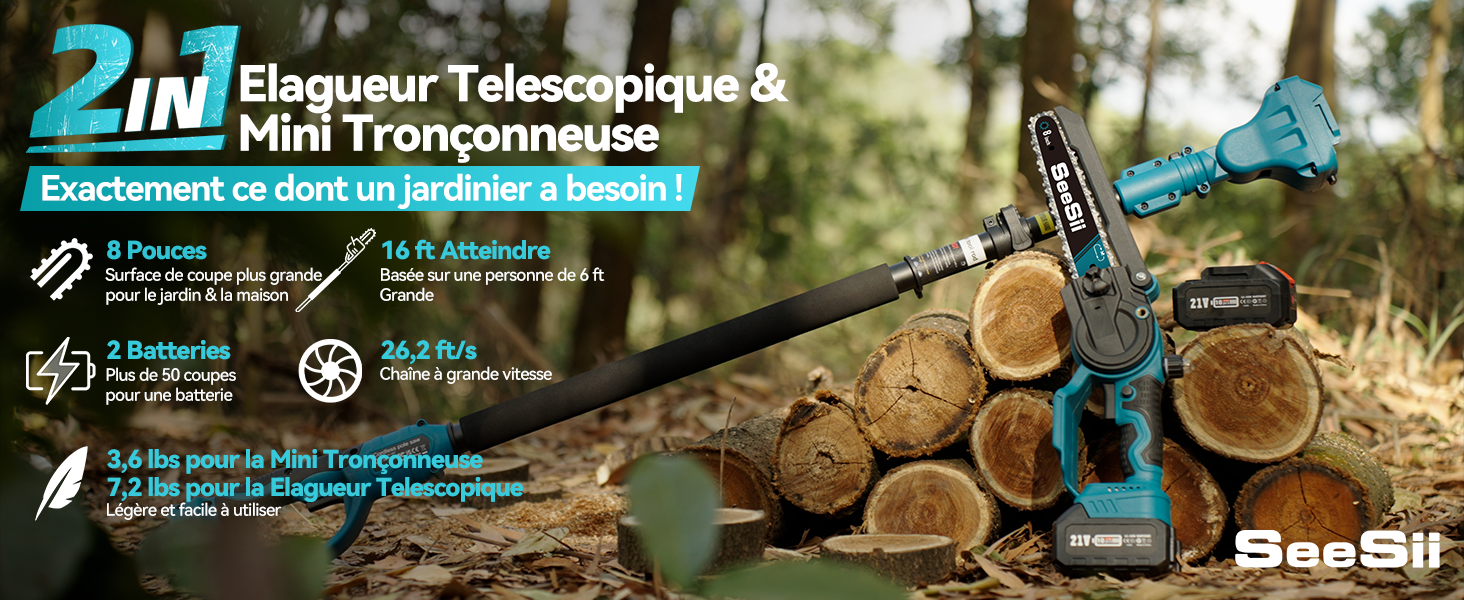 Seesii Mini tronçonneuse 2 en 1 de 8 pouces avec télescope