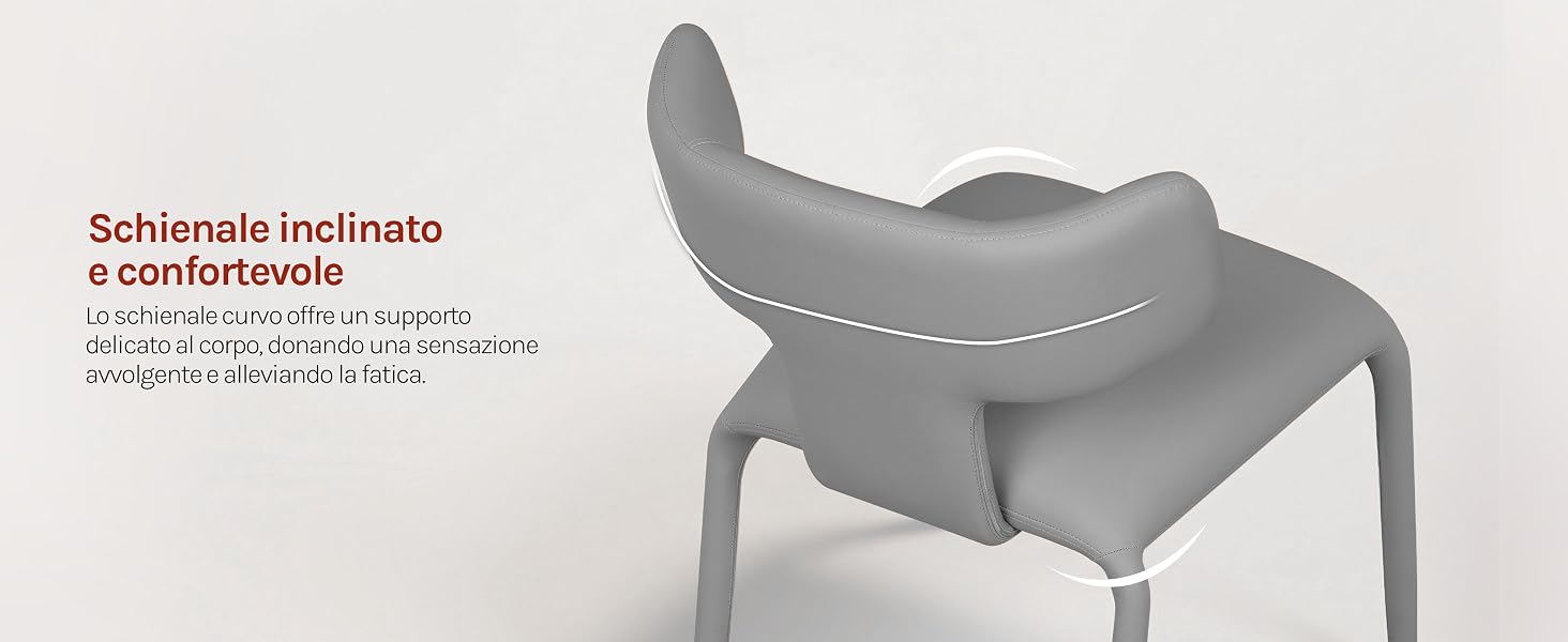 Il testo recita: 'Schienale inclinato e confortevole'. Sedia ergonomica grigia mostrata da un angolo laterale su sfondo bianco.