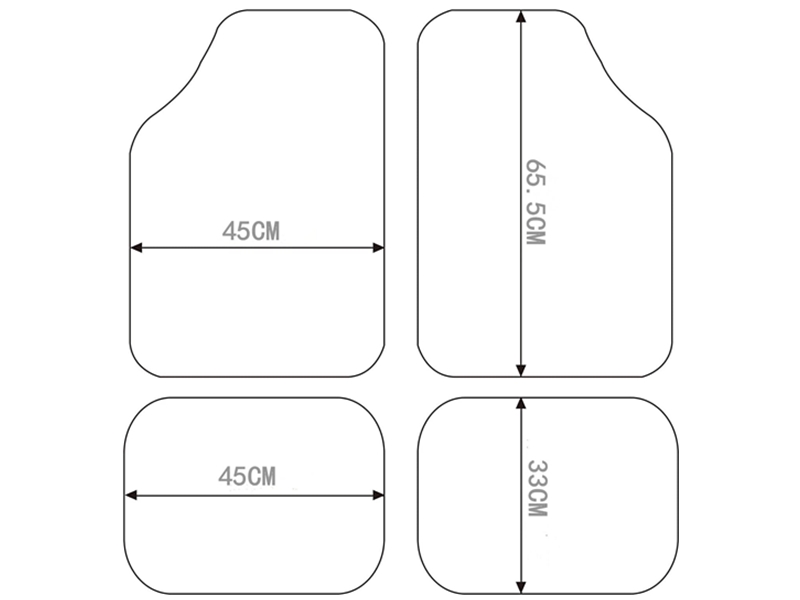 Technical diagram of car floor mat dimensions showing four-piece set with measurements of 45CM width and varying lengths.