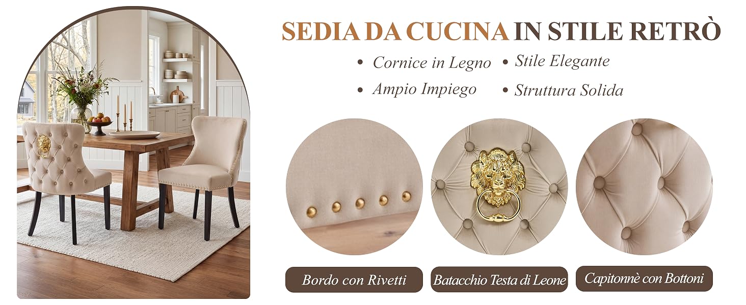 Il testo recita 'SEDIA DA CUCINA IN STILE RETRO' con 'Colore dei legno: Mogano • Stile d'epoca • Ampio Riposiglia • Generoso Sedile'. Interno della camera con sedia beige della metà del secolo scorso; tre dettagli circolari che mostrano la struttura del legno, le finiture in ottone e le caratteristiche di comfort del sedile sottostanti.