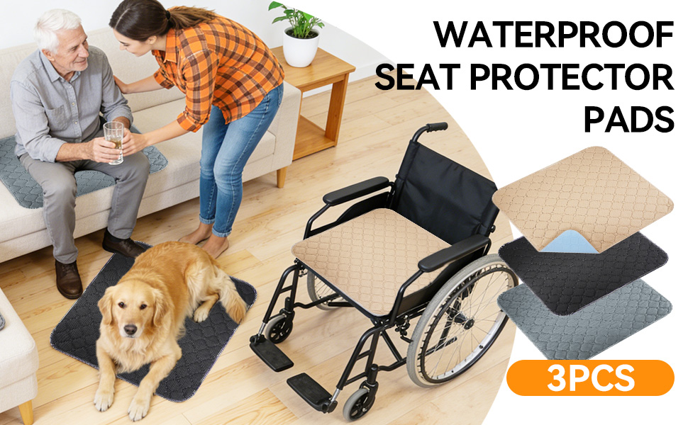 Text reads 'WATERPROOF SEAT PROTECTOR PADS 3PCS'. Multiple images showing installation and use of dark-colored waterproof seat covers on furniture.