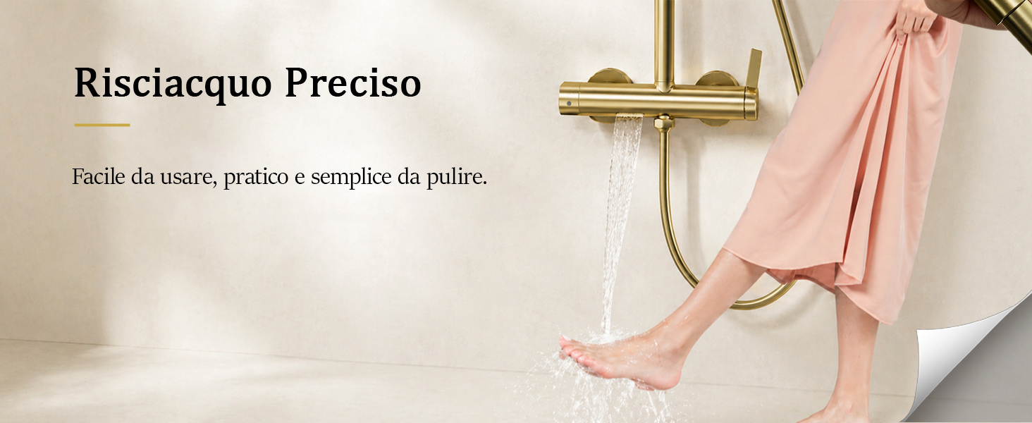 Il testo recita «Risciacquo Preciso» e «Doccia in modo pulito e semplice in uscita». L'immagine mostra un mobile da bagno con getto d'acqua e asciugamano.