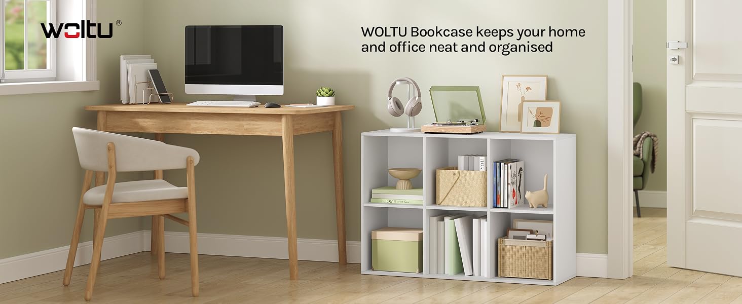 Modern home office setup with wooden desk and white cube storage unit featuring multiple compartments for organization.