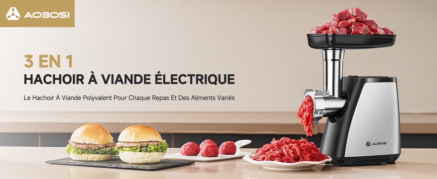 Le texte indique « 3 EN 1 ». Appareil de cuisine de comptoir présenté en finition en acier inoxydable avec divers produits alimentaires exposés autour de lui.