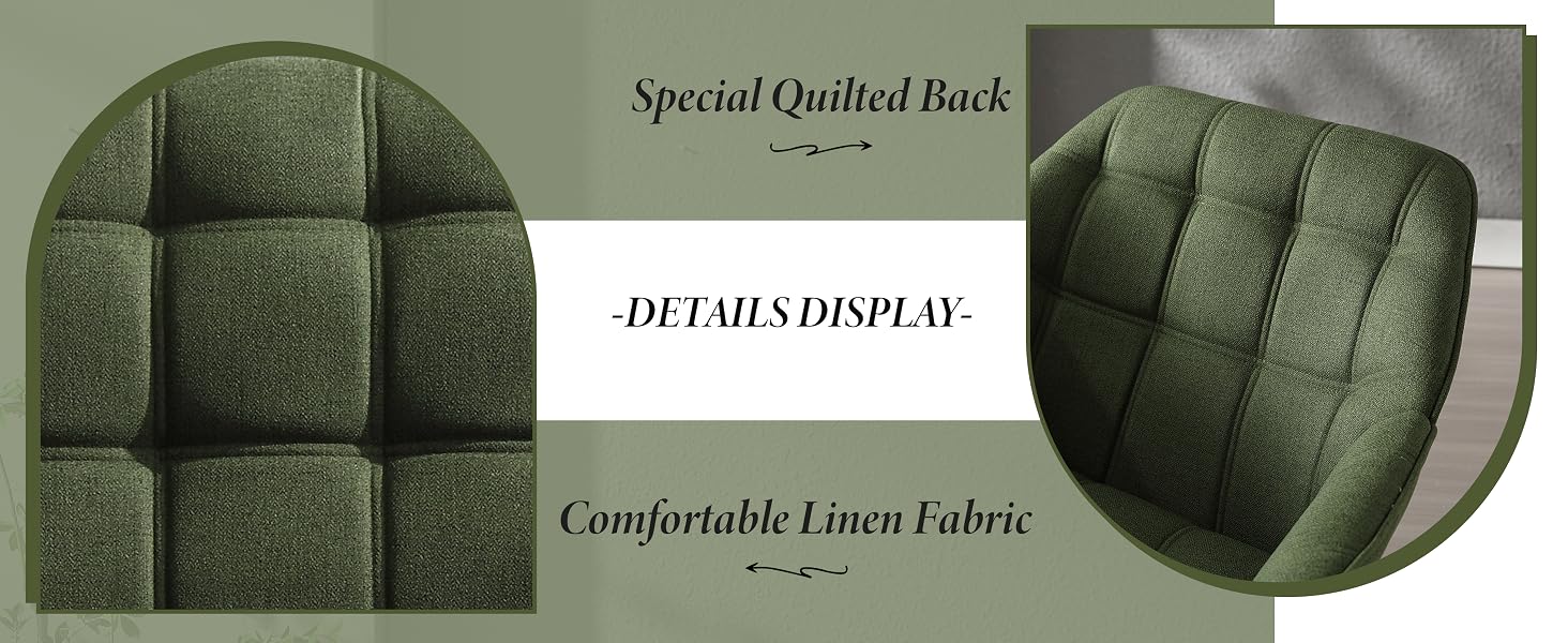 Green quilted cushion or backrest with tufted pattern. Three panels show different angles, highlighting the comfortable linen fabric and special quilted design details.