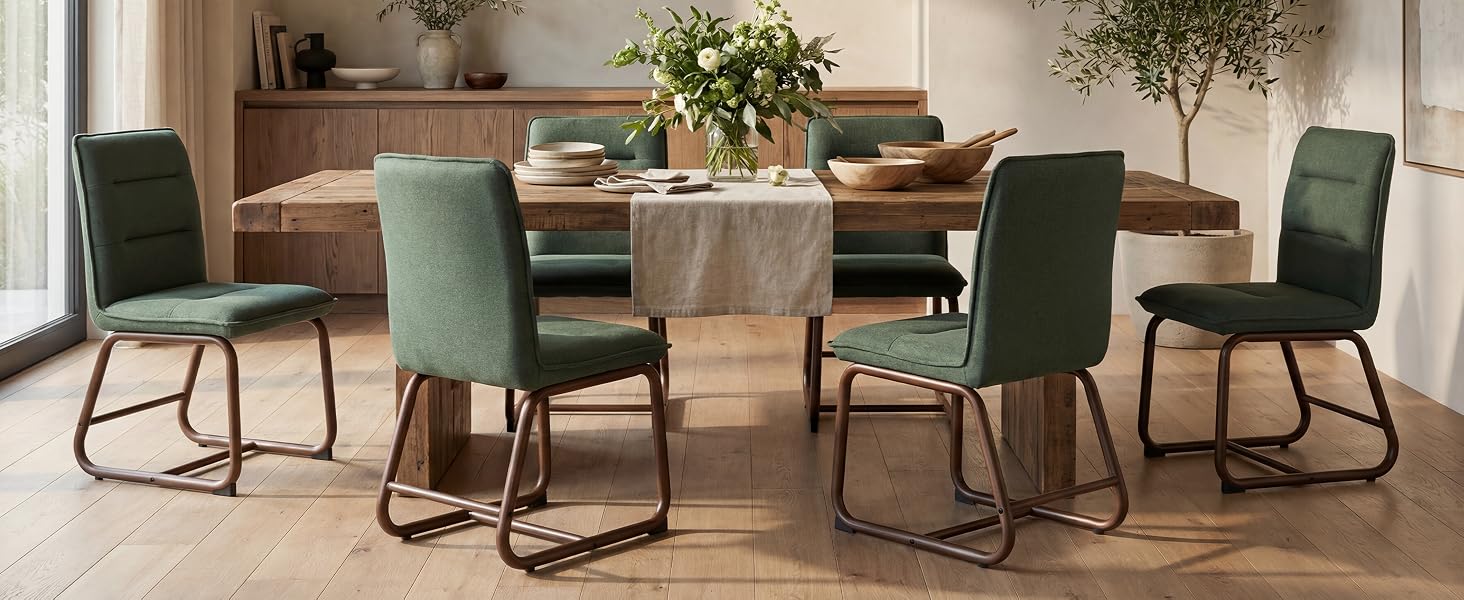 Modern dining room setting with mint green upholstered chairs featuring black metal cantilever bases arranged around a wooden dining table, with natural light and plants in background.