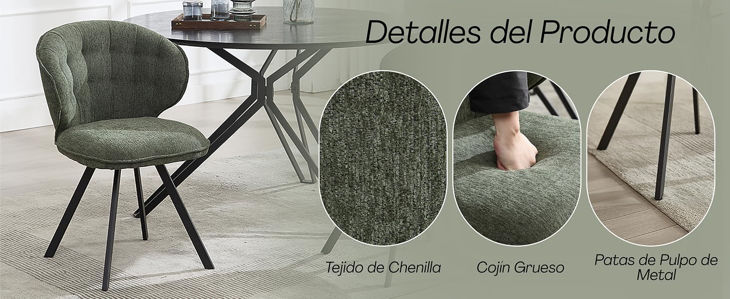 El texto dice «Detalles del producto» que muestra tres sillas tapizadas en terciopelo verde con características de diseño moderno y patas de metal sobre fondo gris.