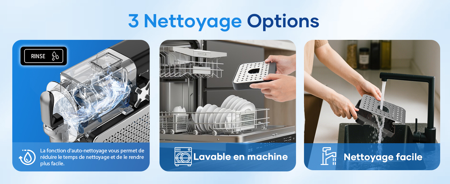 Le texte indique « 3 options de nettoyage » avec trois icônes de méthodes de nettoyage et des descriptions en français, illustrant les différentes approches de nettoyage pour un appareil.