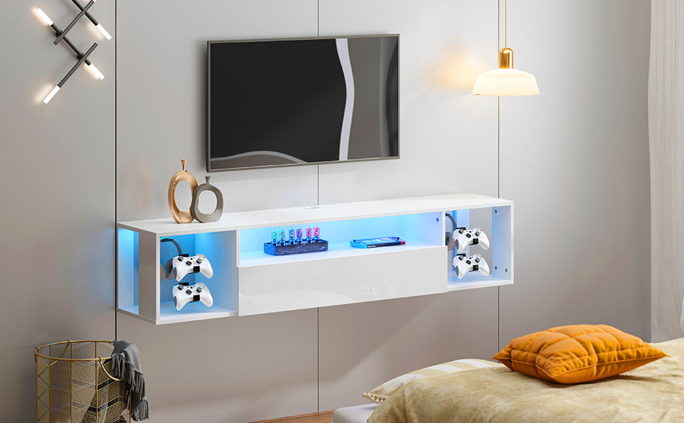 Meuble TV Suspendu pour Centre de Divertissement avec Lumières LED, 100cm Banc TV Mural