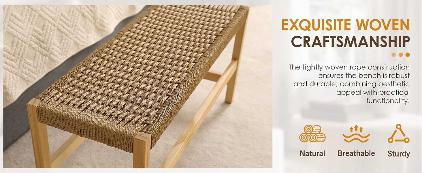 Text reads 'EXQUISITE WOVEN CRAFTSMANSHIP'. Close-up of woven rattan or wicker bench surface showing detailed pattern of natural fiber weaving.