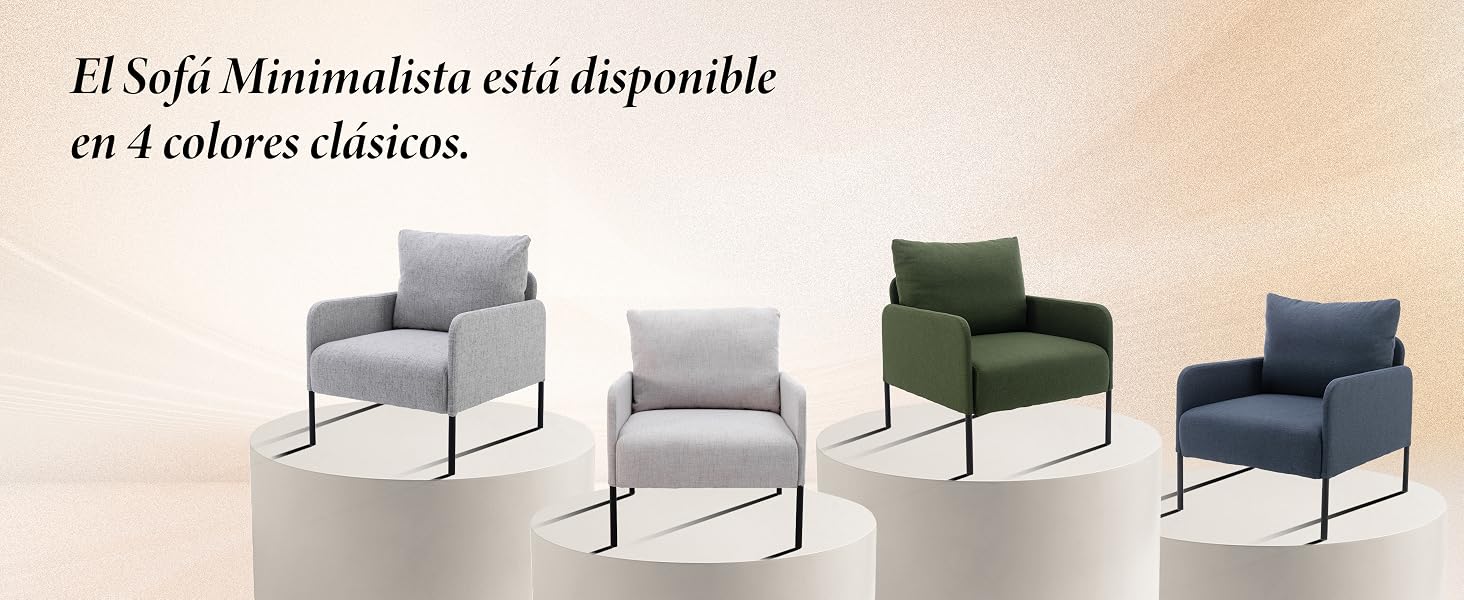 Cuatro sillones minimalistas en diferentes colores.