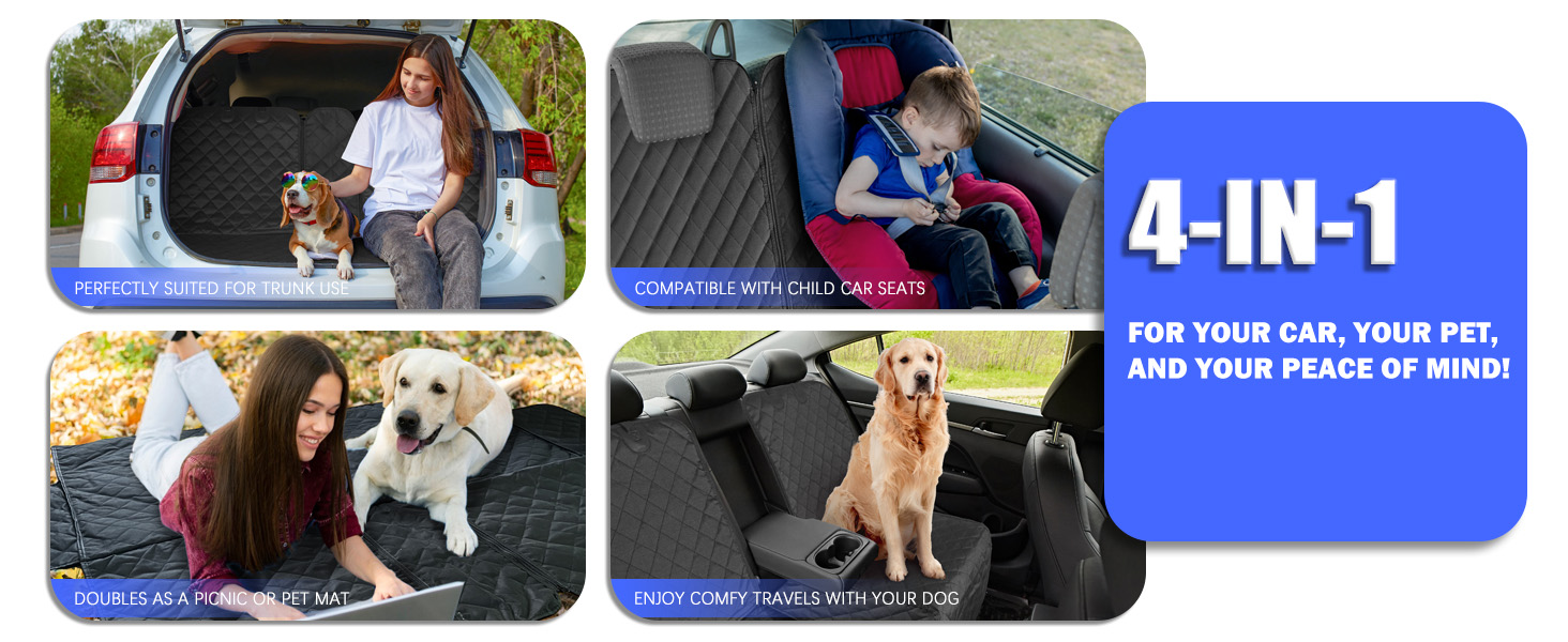 Composite of four images showing a car seat cover in various uses: protecting trunk from dog, child seat cover, backseat dog protection, and full backseat cover. Text highlights '4-IN-1' versatility.