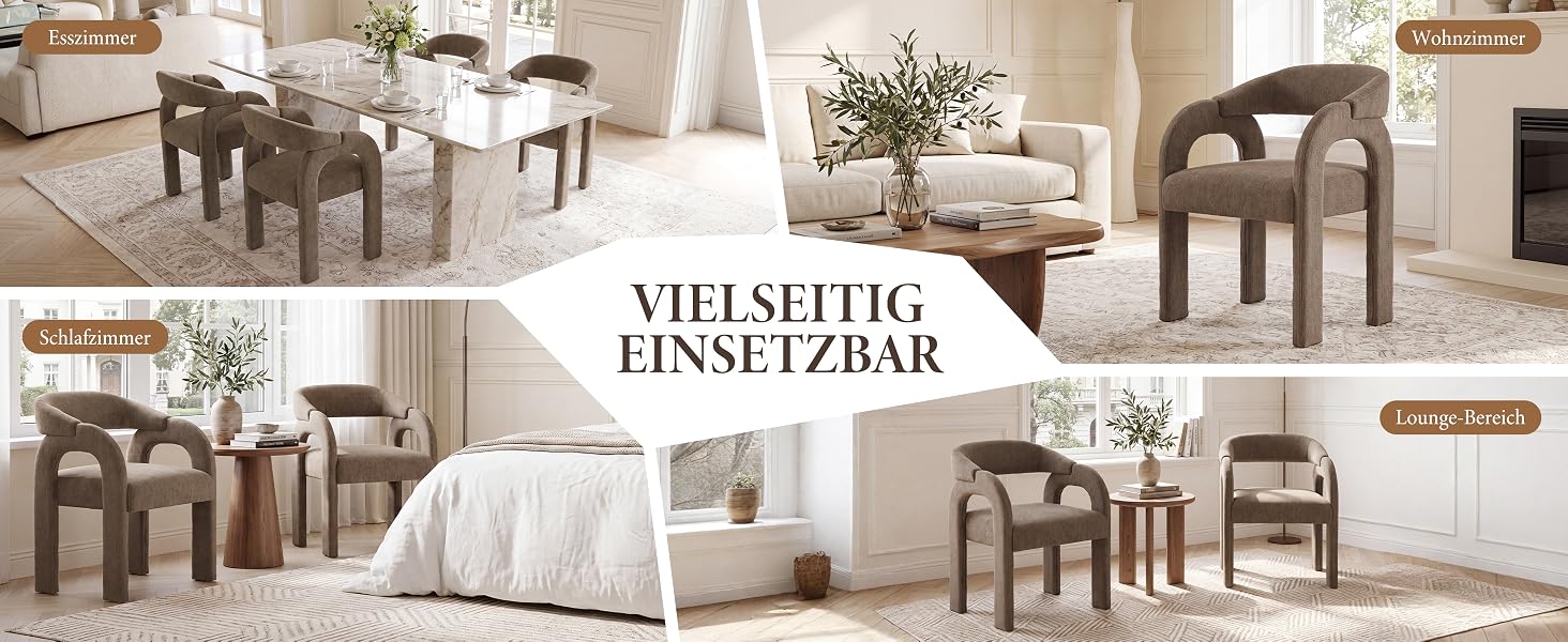 Der Text lautet „VIELSEITIG EINSETZBAR“. Innenraumszene mit Polstermöbeln wie Sesseln und kleinen Tischen in neutralen Tönen mit dekorativen Elementen und Pflanzen.
