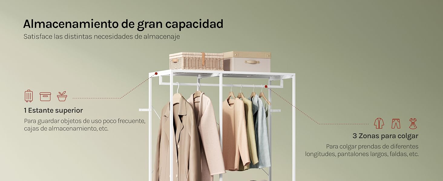 El texto dice «Almacenamiento de gran capacidad» (Gran capacidad de almacenamiento). Sistema de armario con barra para colgar ropa y estantes de almacenamiento. Muestra las configuraciones de almacenamiento de ropa con características organizativas y detalles de capacidad.