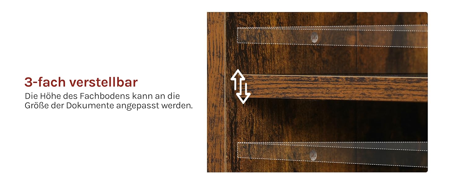 Nahaufnahme einer dunklen Holzoberfläche oder eines Geräts mit Text auf Deutsch mit der Aufschrift '3-fach verstellbar' (3-fach verstellbar)