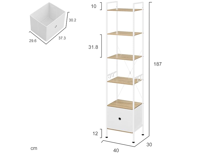 Diagrama de una estantería alta con dimensiones. Cinco estantes, marco blanco y superficies de estantes en tonos madera.