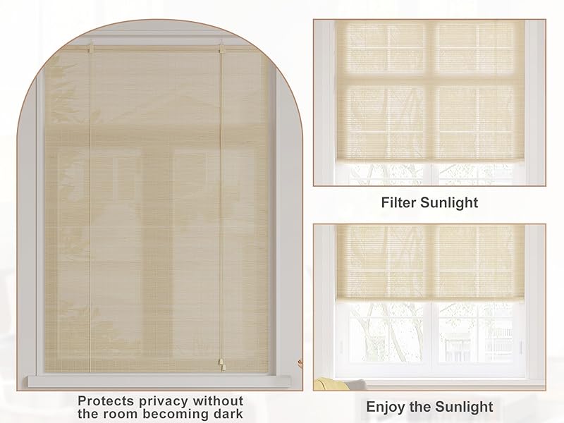 Tenda da finestra in bambù che filtra la luce mostrata in tre viste che dimostrano le caratteristiche di privacy e controllo della luce solare.
[SENTENCE 15] Il colore beige con lamelle orizzontali filtra la luce naturale mantenendo