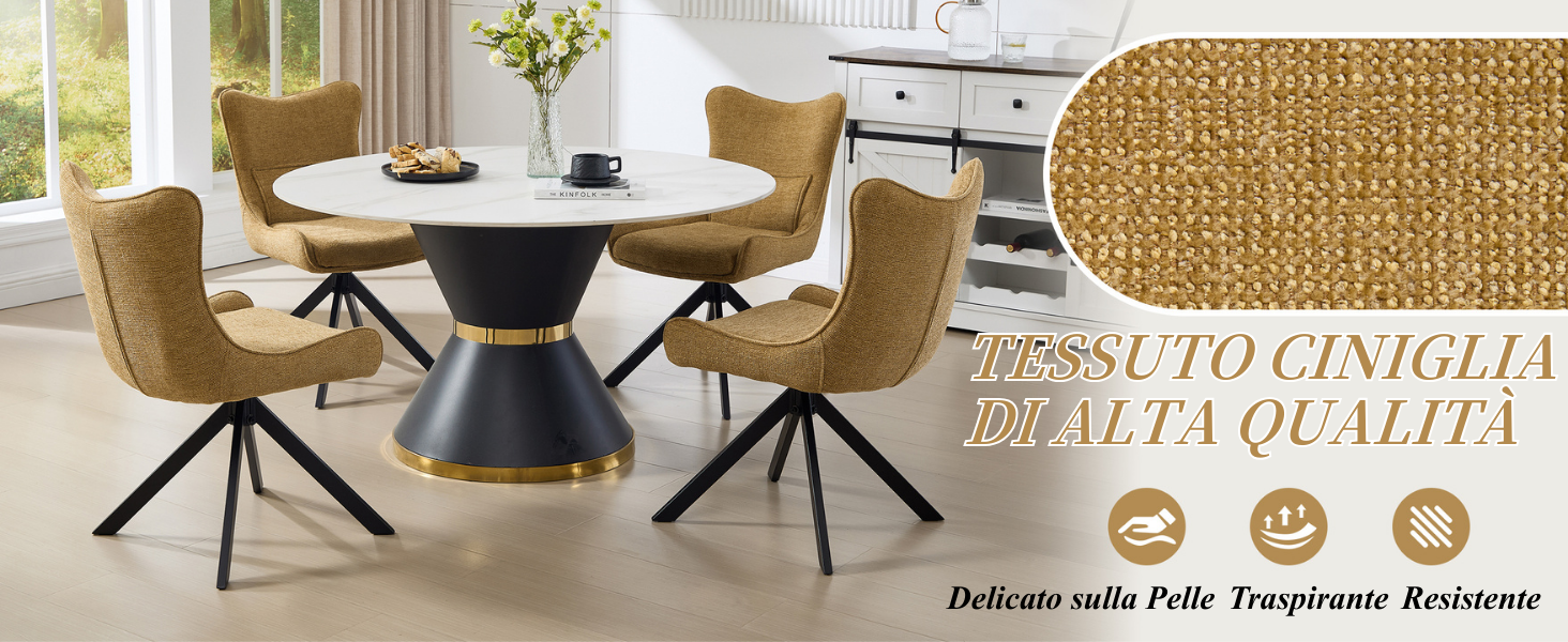 Il testo recita «L'ECCELLENZA D'ALTA QUALITÀ». Set da pranzo moderno con base in metallo nero e piano in legno, mostrato da più angolazioni.