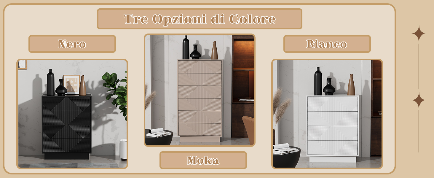 Collezione di cinque armadi contenitori neri montati su parete bianca, disposti in ordine crescente da sinistra a destra.
