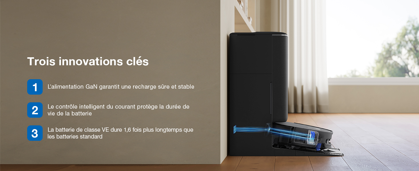 Le texte se lit comme suit : « Trois innovations clés » avec des points numérotés de 1 à 3. Montre un appareil électronique noir sur une surface en bois près d'un mur, qui ressemble à un routeur ou à un périphérique réseau.