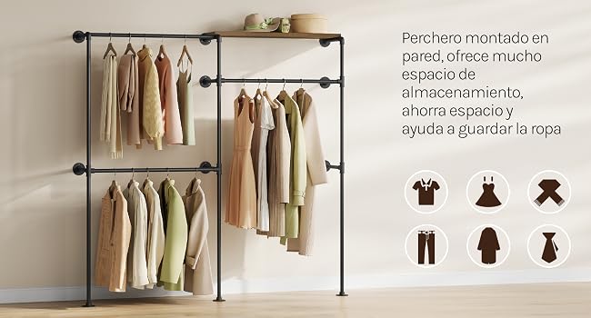 Expositor de ropa con prendas de colores neutros que cuelgan perfectamente. A continuación se muestran pequeños pictogramas que muestran los tipos de ropa.