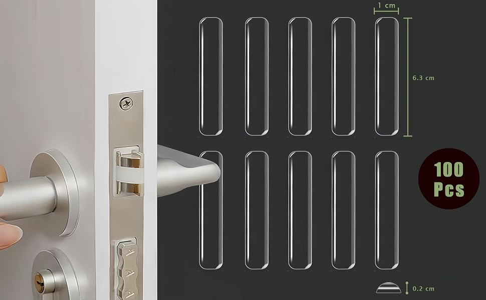 Set of 100 transparent adhesive strips in two sizes: 1.5 cm and 6.3 cm long. Doorknob and lock visible in background.