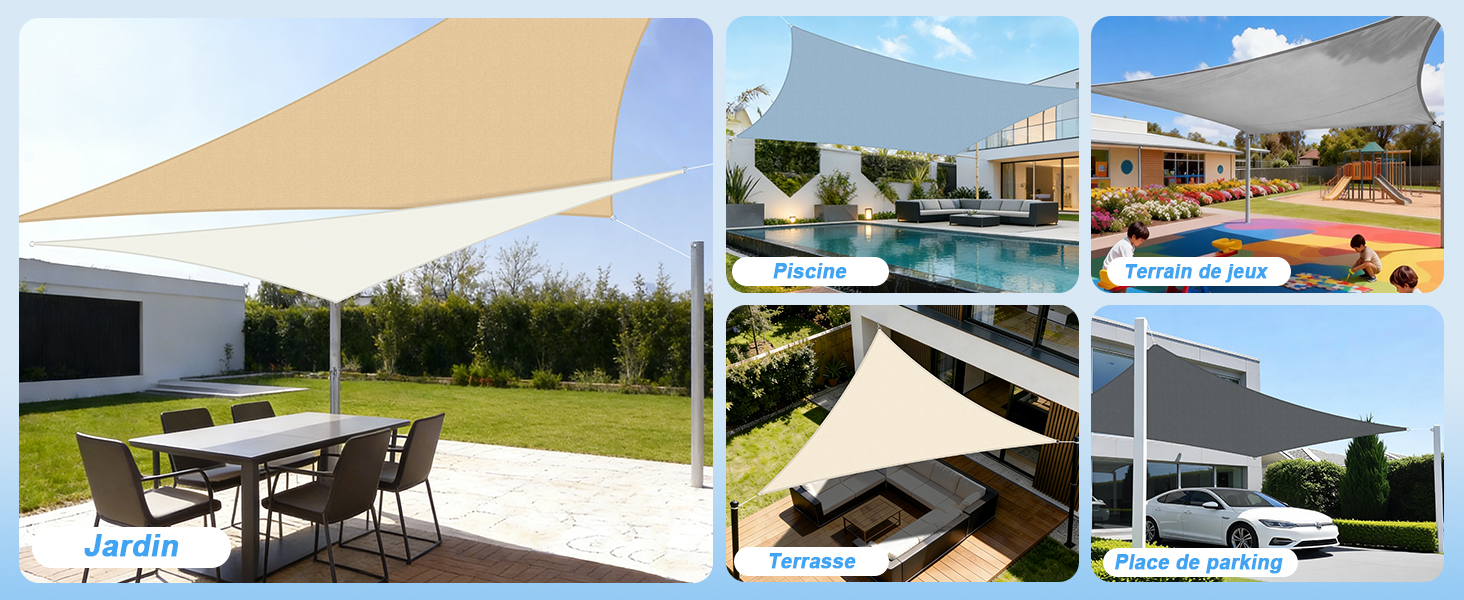 Plusieurs images montrant des voiles d'ombrage blanches installées sur des espaces extérieurs, notamment des piscines et des places de stationnement, offrant une protection solaire et un attrait esthétique.