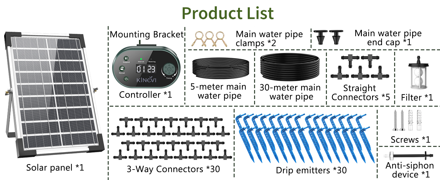 Text reads "Product List" with technical diagram showing solar panel system components, black water pump units, white piping connections, fittings, and screws with installation specifications and measurements labeled throughout.