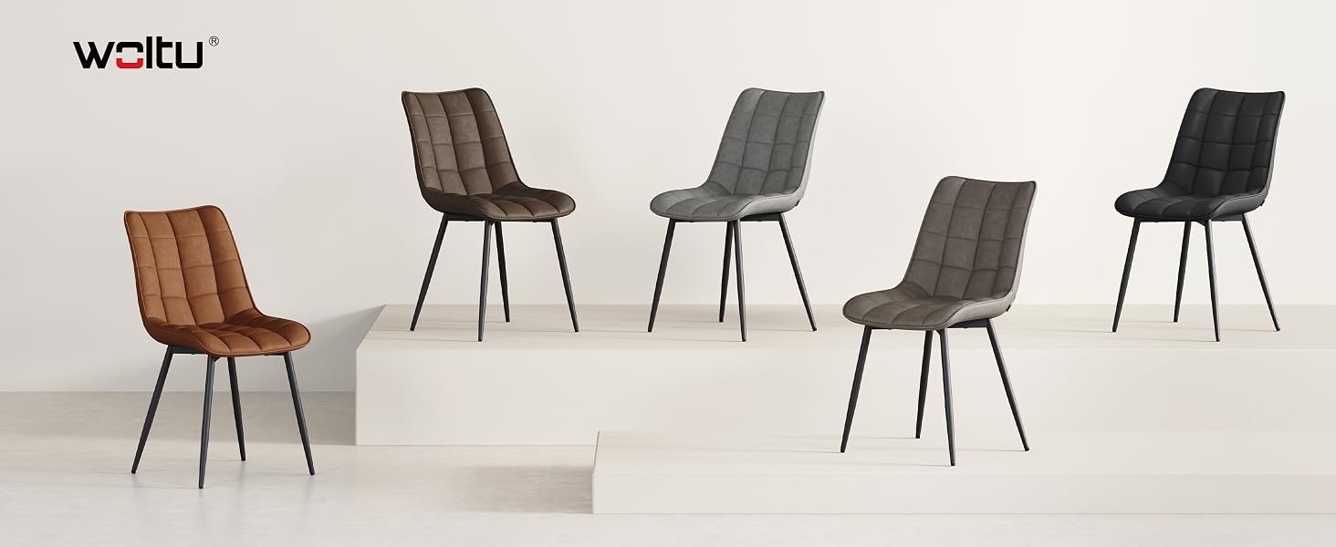 Text reads 'WOLTU'. Product showcase of modern dining chairs in various colors including brown, grey, and black, featuring sleek designs with curved backrests and metal legs.
