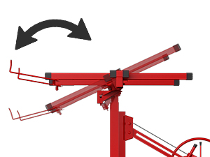 Outil ou dispositif en métal rouge avec bras réglables qui peuvent pivoter horizontalement, dotés de points de pivotement mécaniques et de capacités d'extension.