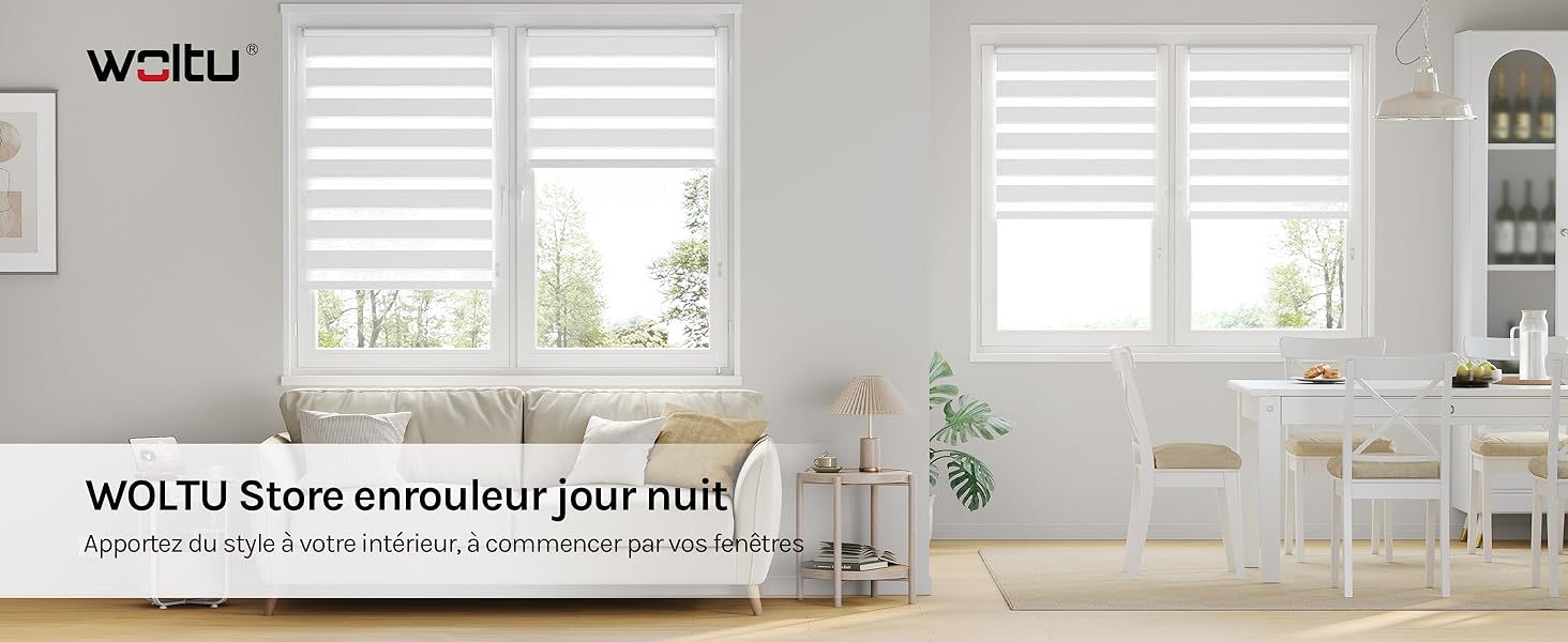 Le texte se lit comme suit : « woltu » et « WOLTU Store enrouleur jour nuit », avec un texte descriptif en français supplémentaire ci-dessous. Chambre intérieure lumineuse avec volets roulants blancs sur plusieurs fenêtres, étagères, mobilier et décoration blancs.