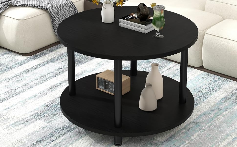 23.6" Round Coffee Table, 2-Tier Small Circle Coffee Table with Storage