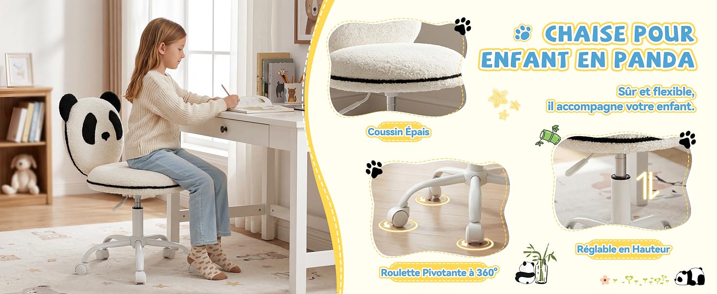 Le texte indique « CHAISE POUR ENFANT EN BOIS » avec des images du produit montrant une chaise pour enfant en bois sous plusieurs angles, présentant un design ergonomique avec repose-pieds et une construction en bois naturel.