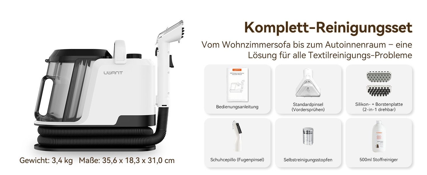 Der Text lautet „Komplett-Reinigungsset“ und „Vom Waschmaschinen-Tab zum Automatismus - eine Lösung für alle Funktionen der Wäschepflege“. Kompakte Reinigungsmaschine mit Schaltplänen, die ein Fassungsvermögen von 3,1 kg, eine Höhe von 31 cm und eine Breite von 56,2 x 37 cm aufweisen.