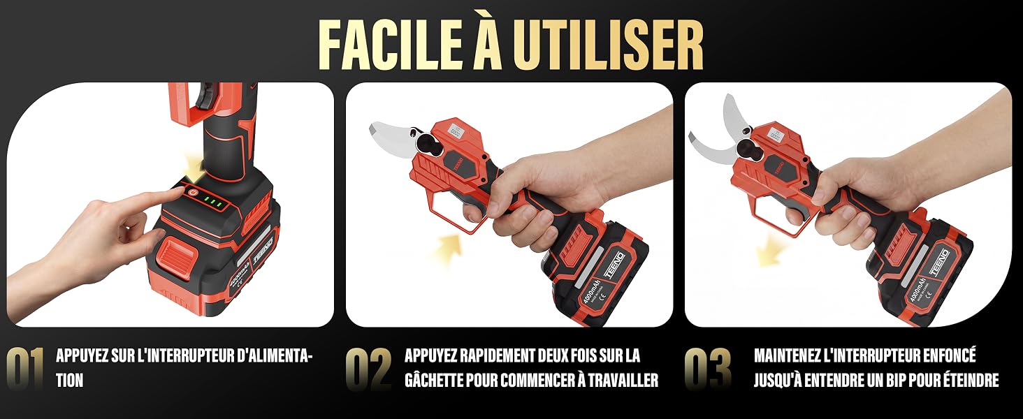 Le texte indique « FACILE À UTILISER ». Séquence de démonstration étape par étape montrant des mains manœuvrant un outil électrique rouge en étapes numérotées.