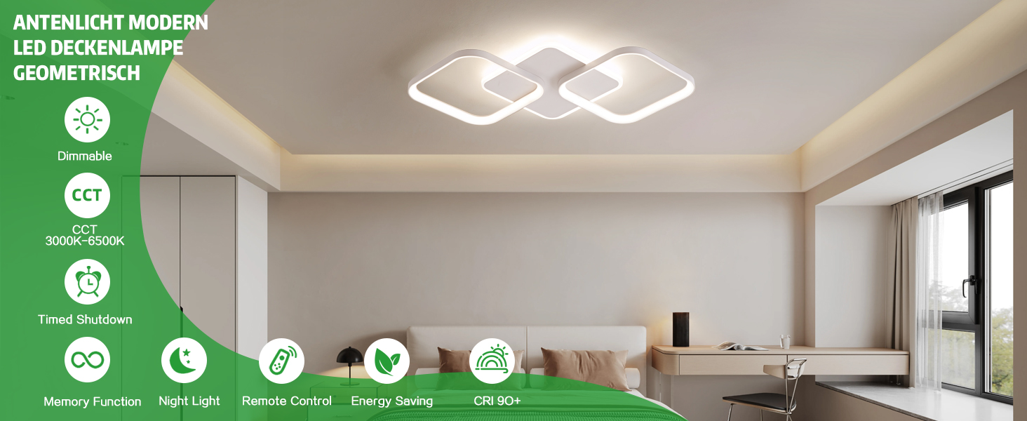 Moderne geometrische LED-Deckenleuchte mit ineinandergreifendem quadratischem Design. Zu den Funktionen gehören eine dimmbare Helligkeit, eine Steuerung der Farbtemperatur und eine Fernbedienung. Gezeigt in einer minimalistischen Wohnzimmerumgebung