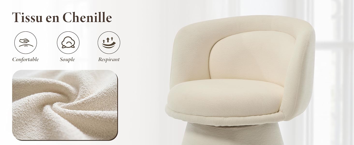 Le texte indique « Tissu en chenille » avec des icônes pour les caractéristiques d'entretien. Fauteuil rembourré de couleur crème avec dossier et pieds incurvés vus de l'angle avant sur fond blanc.