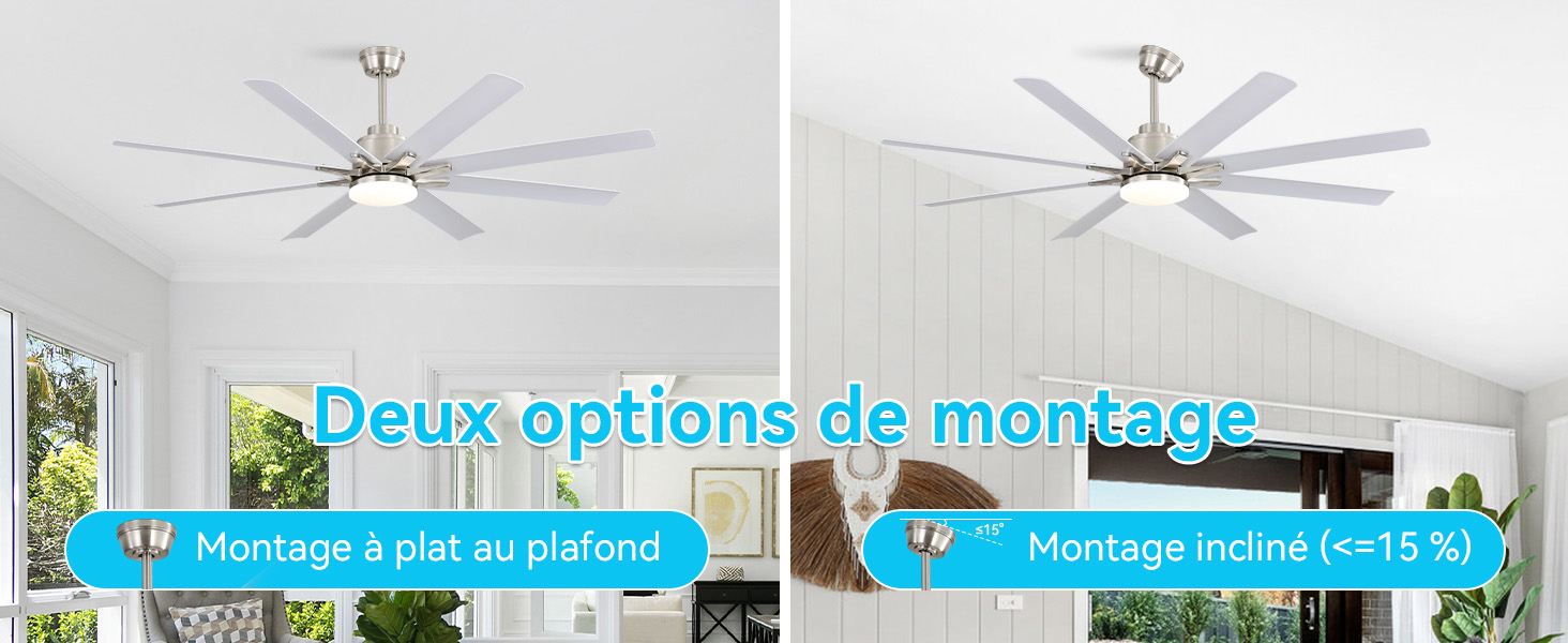 Le texte indique « Deux options de montage » avec « 1ère Montage à plat au plafond » et « 4ème Montage incliné (réf : M34) ». L'image montre les options d'installation du ventilateur de plafond avec deux variantes de configuration de montage.