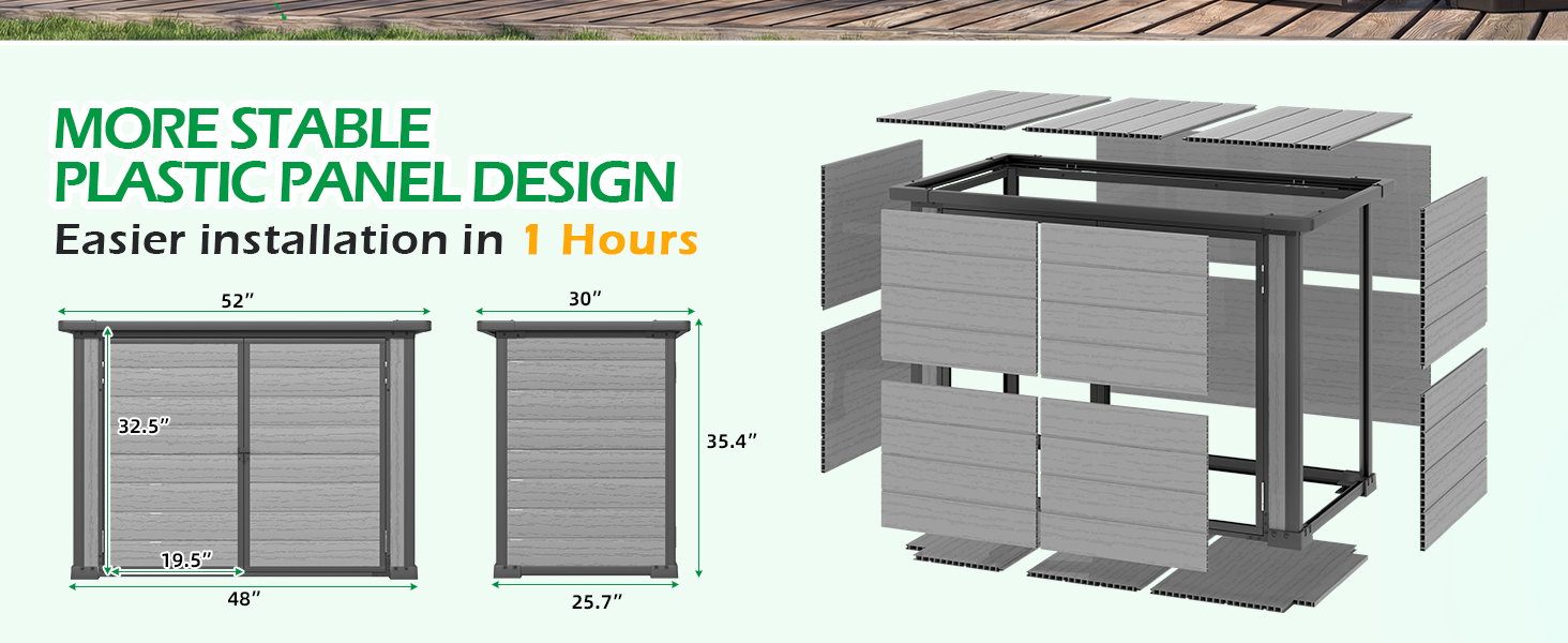 Text reads 'MORE STABLE PLASTIC PANEL DESIGN' and 'Easier installation in 1 Hours'. Technical diagram showing assembly instructions for a modular panel system with measurements.