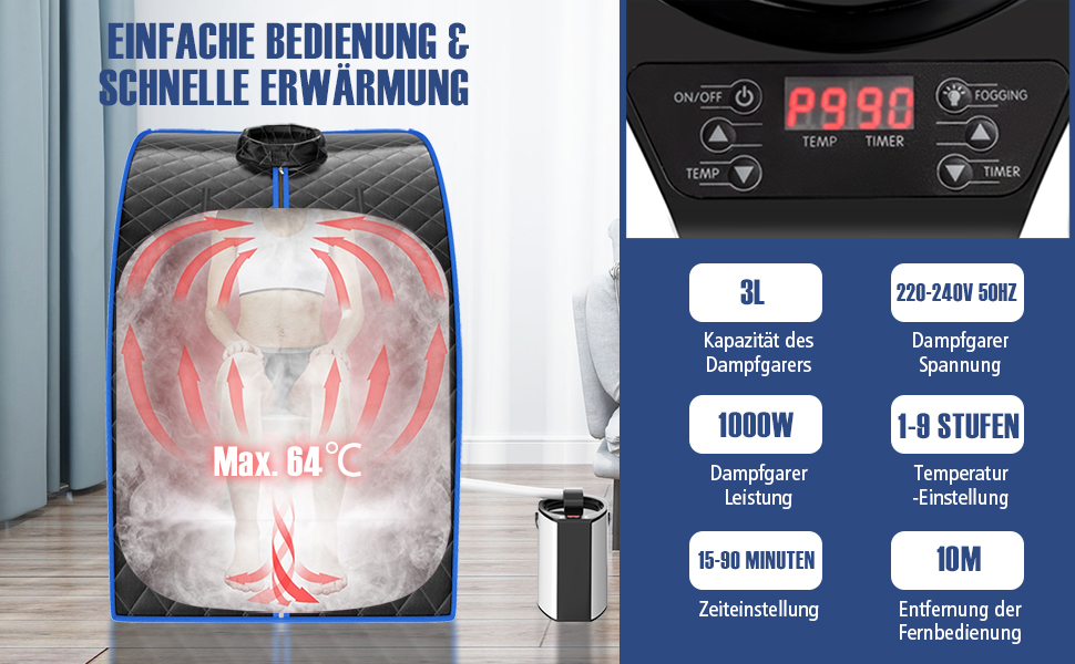3L Mini Dampfsauna mit Zerstäubungsfunktion Heimsauna mit Fernbedienung Wärmekabine Sitzsauna