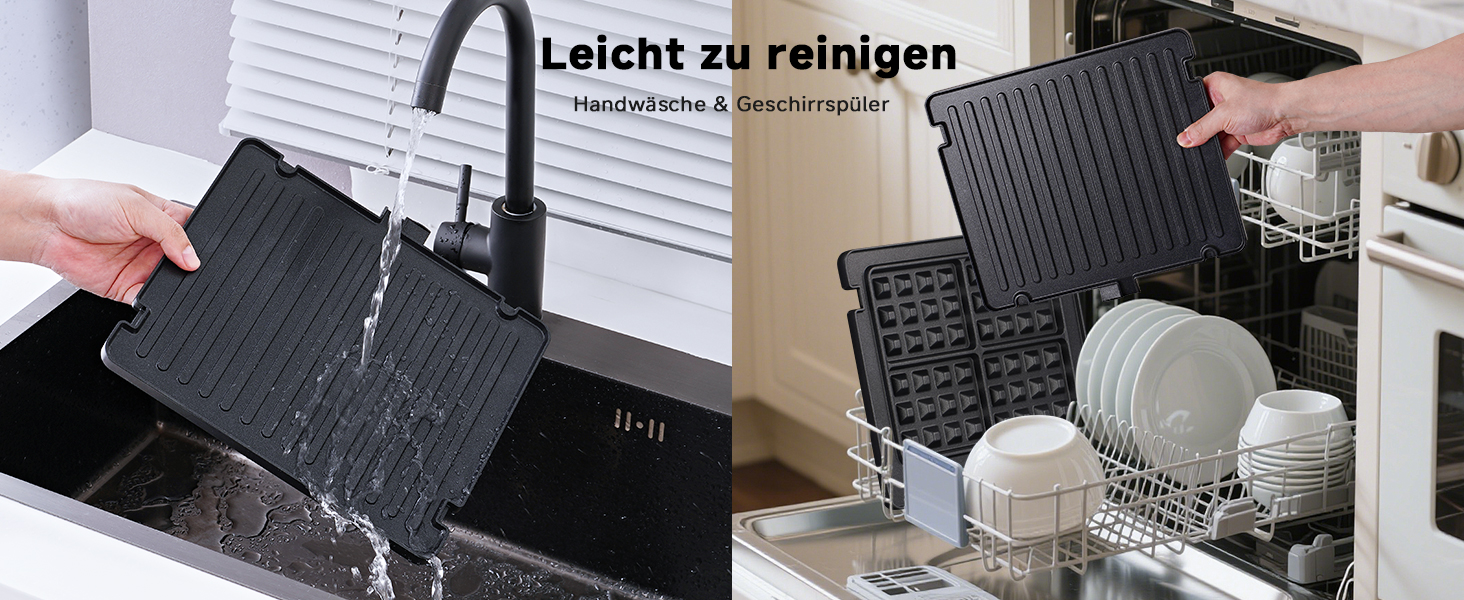 Der Text lautet „Leicht zu reinigen“. Geteiltes Bild, das die Reinigung der schwarzen, strukturierten Oberfläche und des Spülmaschinengestells mit Handbrause zeigt.