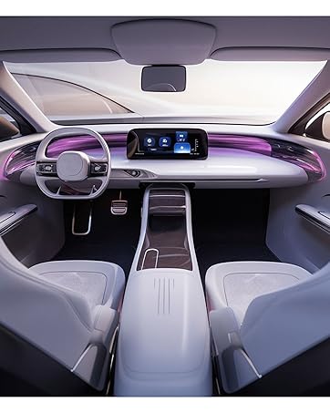 Futuristic car interior with digital dashboard, purple ambient lighting, and minimalist design featuring white seats and a streamlined console.