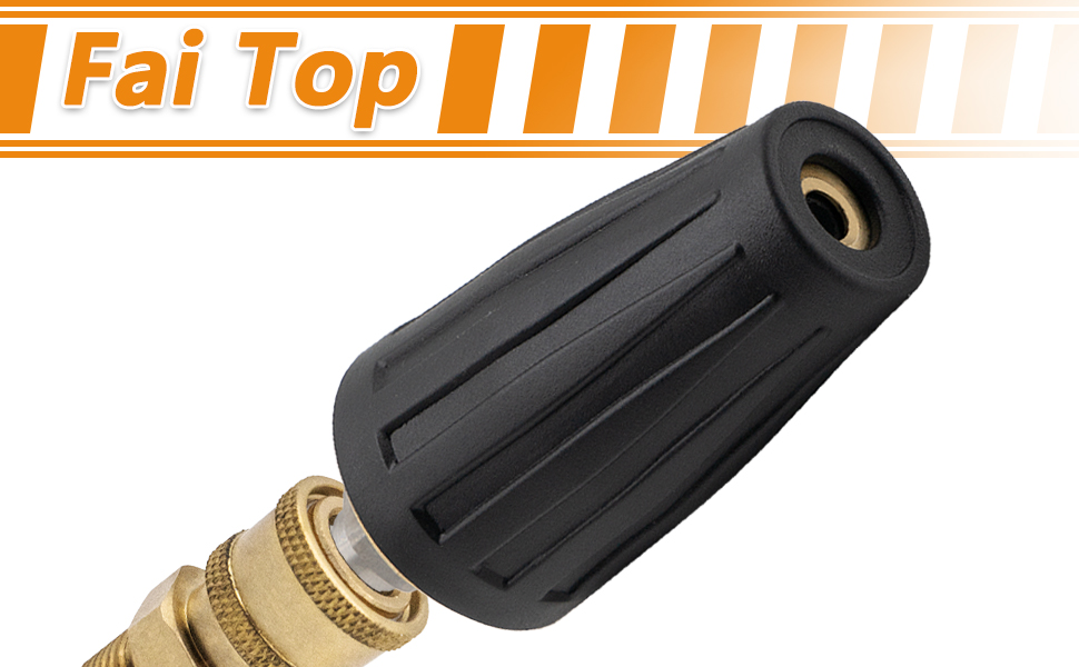 A black pressure washer nozzle with a brass fitting. The nozzle has a cylindrical shape with a narrow opening at one end.